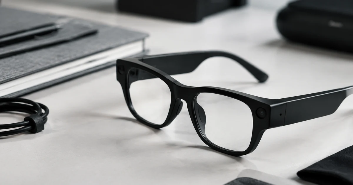 AI camera smart glasses on a clean desk suggesting OEM evaluation of camera and battery subsystems