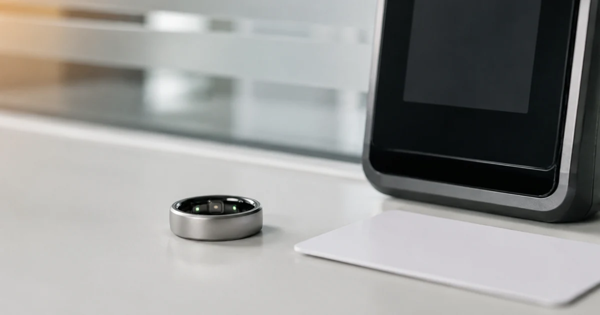 Titanium smart ring beside a blank card reader suggesting NFC access control and secure element evaluation