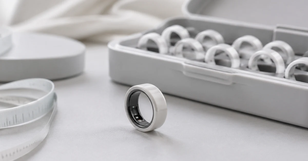Smart ring beside a blank sizing kit suggesting size range and fit program decisions for brand owners