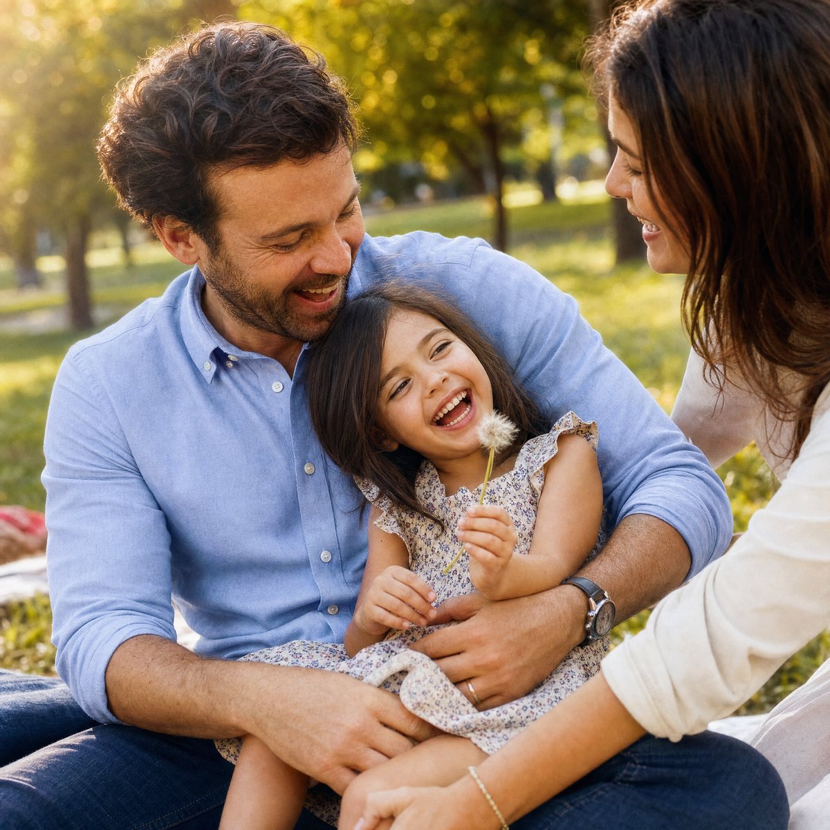Family laughing together in a park